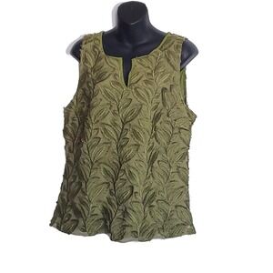 Ann Taylor Factory L Sleeveless V-Neck Embellished Leaves Pattern Green Top